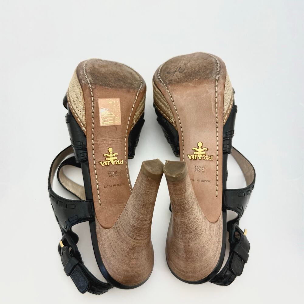 Prada Crisscross Platform Sandals Heels Black Leather Espadrille Platform 36.5 - Picture 9 of 12
